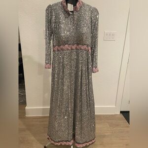 Elegant designer  Silver Long Sleeve Dress gown - sequins work all over